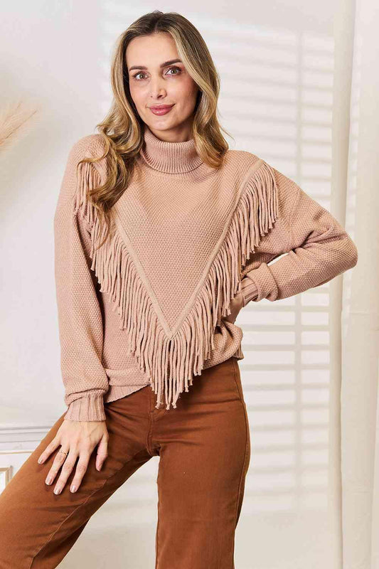 Woven Right Turtleneck Fringe Front Long Sleeve Sweater - Wildflower Hippies