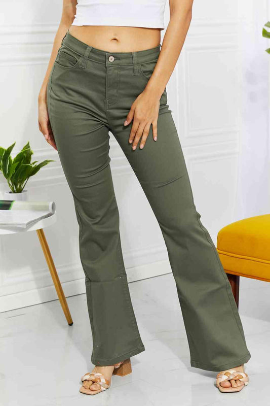 Zenana Clementine High-Rise Bootcut Jeans in Olive - Wildflower Hippies